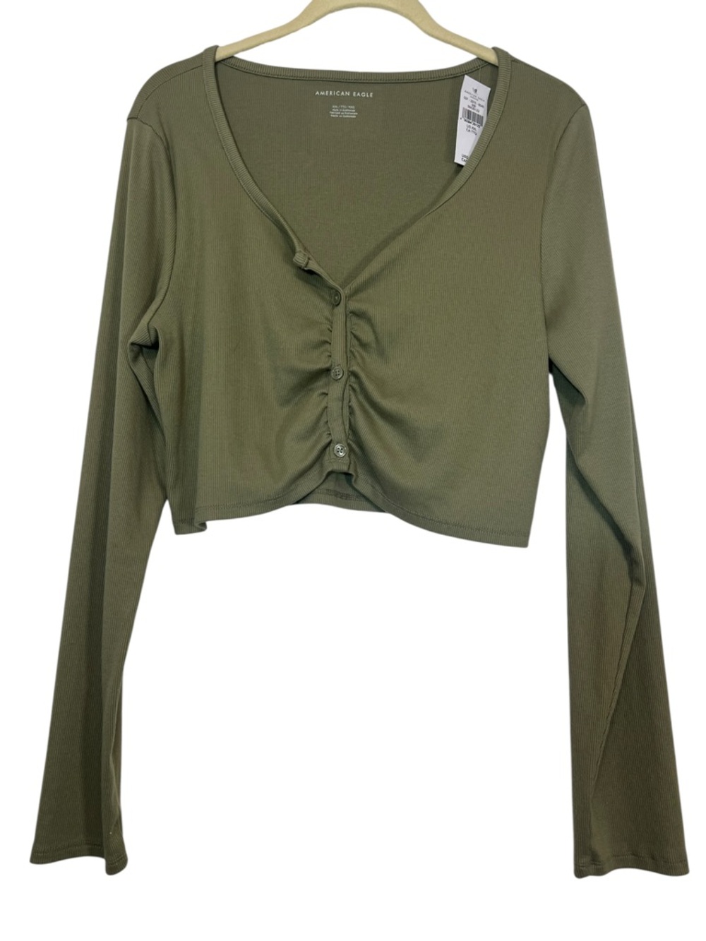 AE  Long Sleeve Button Up Ribbed Cinched Crop Top Size XXL Sage Green NEW